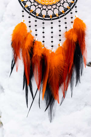 Dream catcher with feathers threads and beads rope hanging. Dreamcatcher handmadeの写真素材