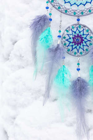 Dream catcher with feathers threads and beads rope hanging. Dreamcatcher handmadeの写真素材