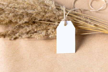 White product tag empty label for mock up with dried spikelets decoration on craft beige background....