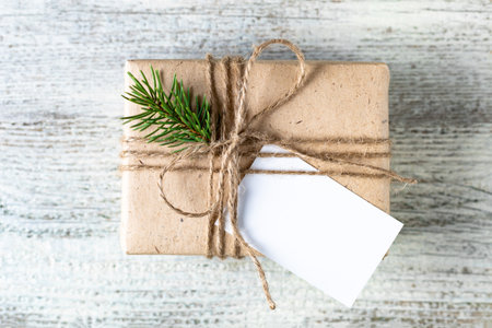 Christmas present with white blank mockup tag and fir tree branches on white background. Copy space for text and design on gift or present label. Eco friendly, zero waste, plastic free.の写真素材