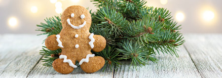 banner of Gingerbread man with fir tree branch on bokeh lights background. Festive xmas background....