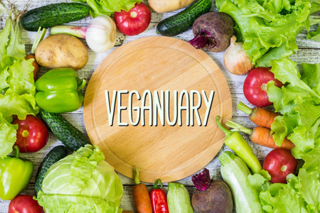 Flat lay with many different raw healthy vegetables. Vegetarian and vegan diet month in january called Veganuary. Vegetarian and vegan diet.の写真素材