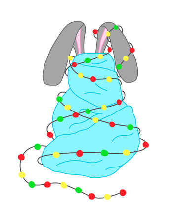 A rabbit wrapped in a blanket and a Christmas garland. The rabbit ears stock out. Cartoon hand drawn doodle holiday vectorのイラスト素材