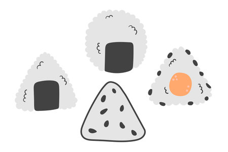 Set of traditional onigiri isolated on white background. Sushi set icons in doodle flat style. Vector illustration, clip art. Asian food collection.のイラスト素材