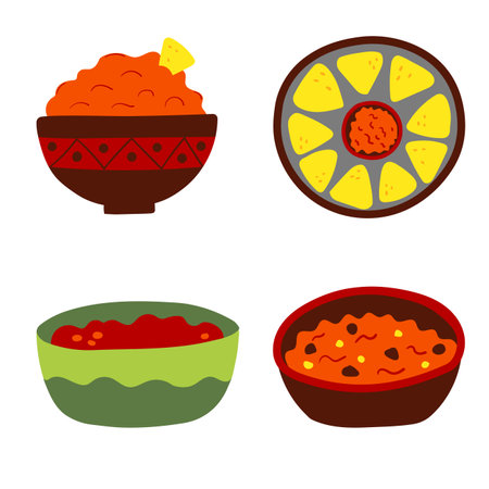 Vector set of traditional Mexican food, dishes, cuisine. National street fast food. Nachos, salsa, chili con carneのイラスト素材
