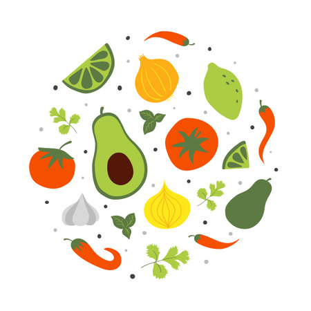 Set of fresh raw ingredients for mexican avocado sauce guacamole. Flat vector illustration on whiteのイラスト素材