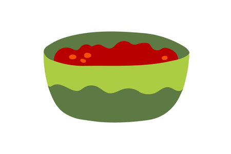 Traditional Mexican dish with tomato sauce in a green bowl. Vector flat food illustration isolated on white background.のイラスト素材