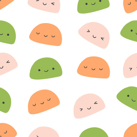 Seamless pattern of Traditional Japanese rice dessert Mochi characters isolated on white background. Set icons in doodle flat style. Vector illustration, clip art. Asian food collection.のイラスト素材