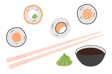 Traditional japanese sushi and rolls, wasabi, soy sauce and chopsticks isolated on white background. Sushi set icons in doodle flat style. Vector illustration, clip artのイラスト素材