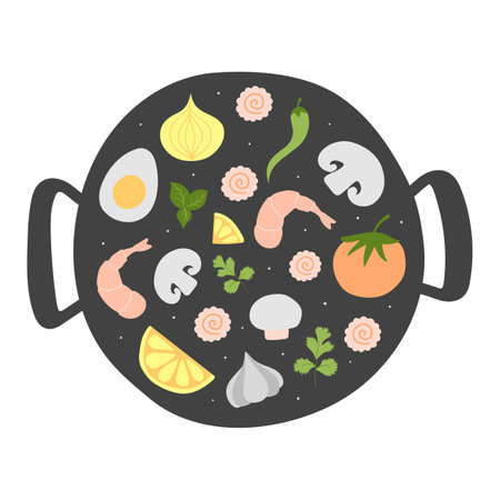 Ingredients for Wokpan. vector doodle flat asian wok symbols set. Asian food. Vegetables with seafood for menu design.のイラスト素材