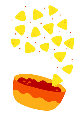 Nacho Chips With Chili Sauce. Traditional Mexican Cuisine Food. Flat Vector Illustration for menuのイラスト素材