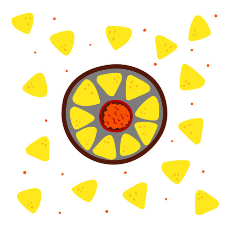 Corn chips Nachos with chili tomato sauce. Latin American food. National cuisine of Mexico. vector flat food illustrationのイラスト素材