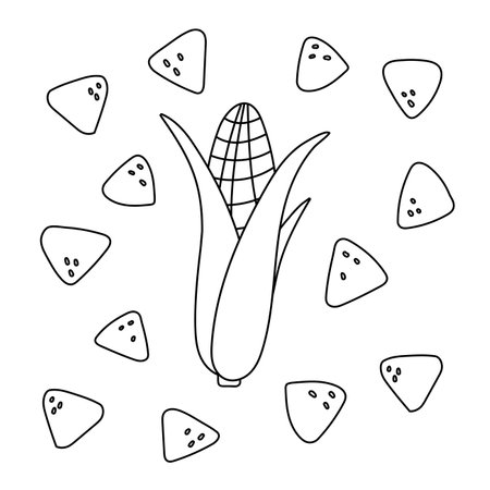 Tasty yellow crispy mexican nachos pattern around the corn. Vector flat Mexican food illustration for menu of cafe or restaurantのイラスト素材