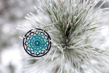 Dream catcher with feathers threads and beads rope hanging. Dreamcatcher handmadeの写真素材