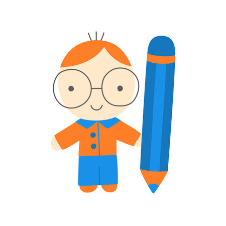 Flat vector cartoon student boy character wearing glasses holding big pencil. Back to school conceptのイラスト素材