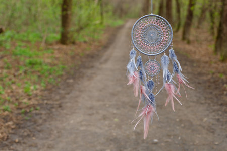 Dream catcher with feathers threads and beads rope hanging. Dreamcatcher handmadeの写真素材