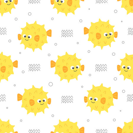 Cute yellow blow fish vector seamless pattern. Sea life childish flat cartoon background. marine animal summer textilesのイラスト素材