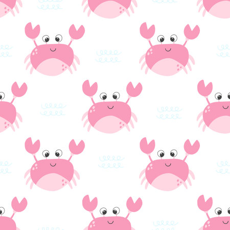 Cute pink crab vector seamless pattern. Sea life childish flat cartoon background. marine animal summer textilesのイラスト素材