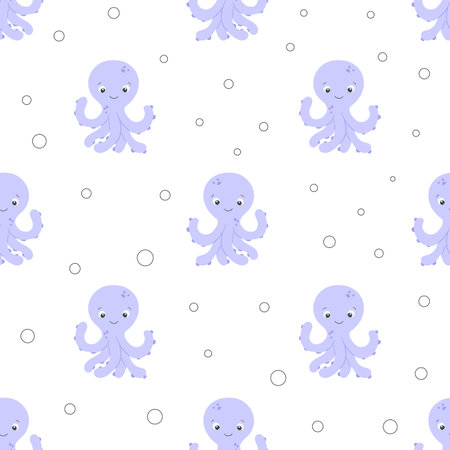 Cute purple octopus vector seamless pattern. Sea life childish flat cartoon background. marine animal summer textilesのイラスト素材