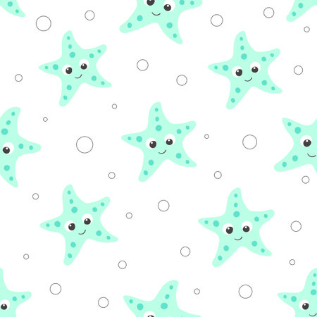 Cute light green starfish vector seamless pattern. Sea life childish flat cartoon background. marine animal summer textilesのイラスト素材