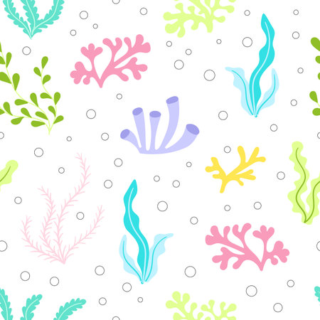 Colorful seaweed vector seamless pattern. Sea life childish flat cartoon background. marine animal summer textilesのイラスト素材