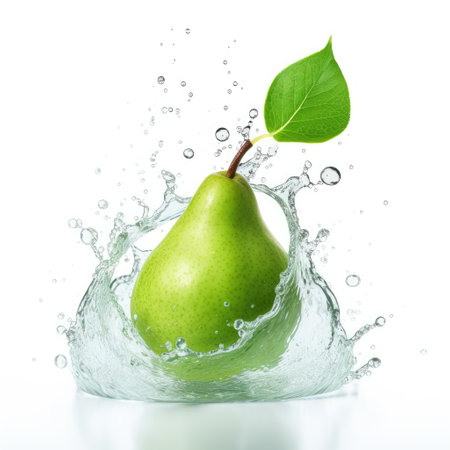Fresh green pear in water splash on white backround. Juicy fruit. Generative AI contentの素材