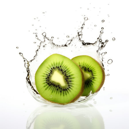 Fresh kiwi in water splash on white background. Juicy fruit. Generative AI contentの素材