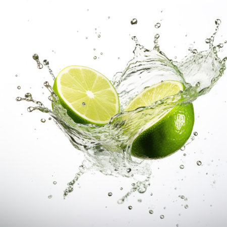 Fresh lime in water splash on white background. Juicy fruit. Generative AI contentの素材