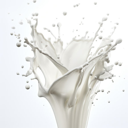 Milk white splash and drops on white background. Generative AI contentの素材