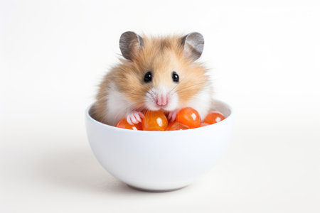 hamster is sitting in a bowl with orange candies on a white background. Generative AI contentの素材