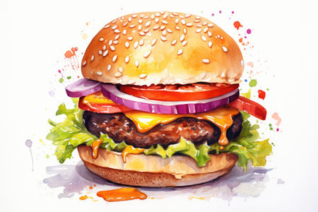 Fresh tasty watercolor cheeseburger on white background. Generative AI contentの素材