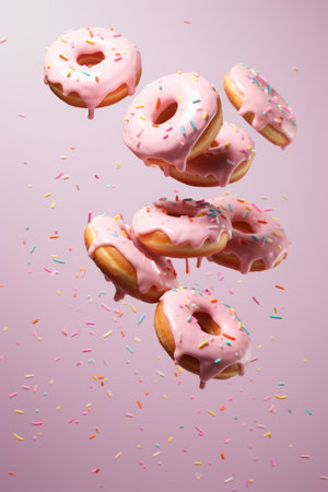 Flying cute donuts with sprinkles on pink background. modern food concept.の写真素材