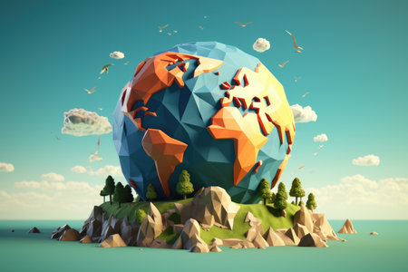 low poly earth globe with trees illustration. World Environment Dayの写真素材