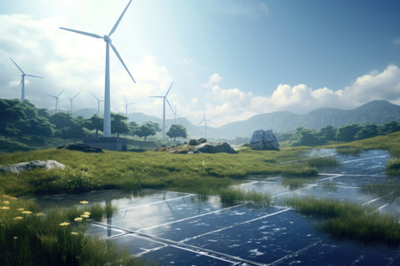 Solar panels and windmill generating electricity in power station. Green energy in nature. Renewable with blue sky backgroundの写真素材