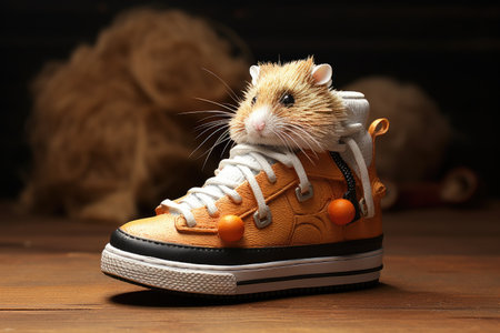 Cute red hamster sits in orange Shoes.の写真素材