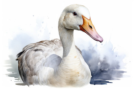 watercolor wild goose in the water with splashes on white backgroundの写真素材