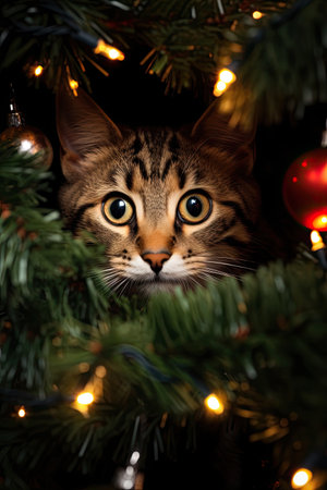 cat in decorated christmas tree. new year concept. Generative AI contentの素材