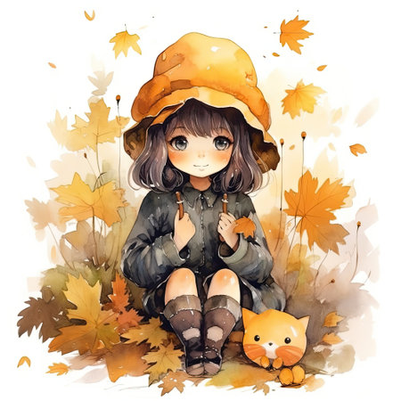 Illustration of watercolor cute girl with cat and autumn leaves on white background. orange autumn moodの素材
