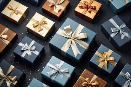Many gift boxes with bows on dark table. Top view, flat lay. Christmas and other holidays concept.の素材