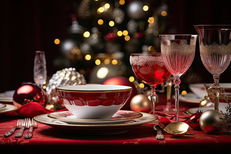 Festive christmas table setting for party. christmas tree backgroundの素材
