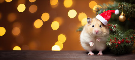 Banner of cute Hamster in santa hat and christmas tree with bokeh backgroundの素材