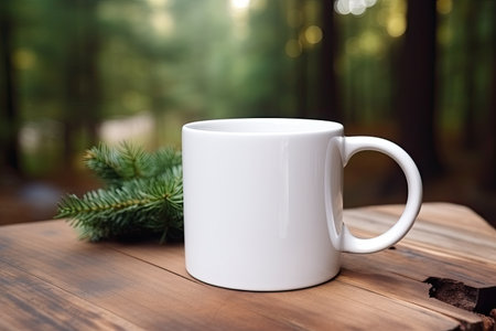Empty blank mock up of white ceramic coffee mug with fir tree branch on a natural forest backgroundの素材