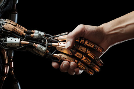 Handshake Robot and human. modern technologies. background business technology, connection between people and artificial intelligenceの素材