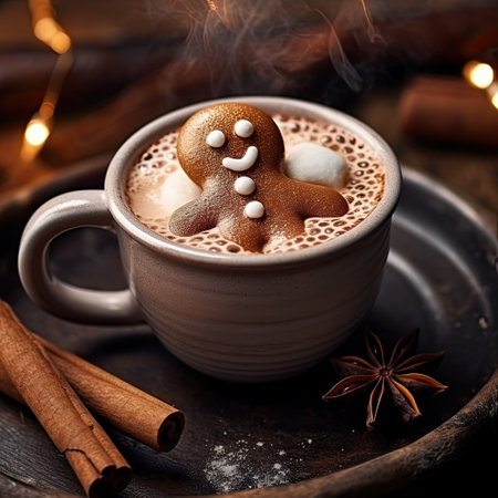 gingerbread man in cup of hot chocolate with marshmallows. Brown colorsの素材