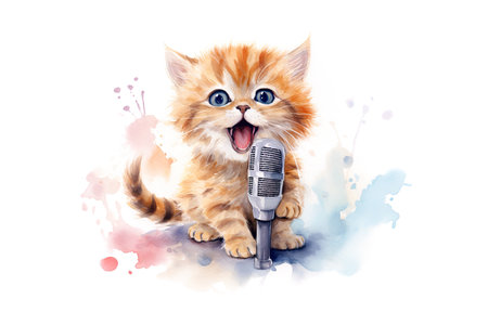 cute watercolor kitten with microphone on white backgroundの素材