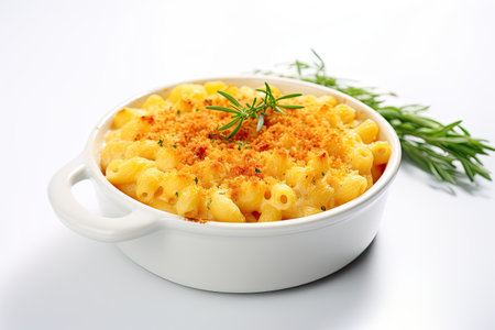 Tasty Mac and cheese in a white pan on white backgroundの素材