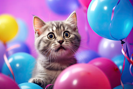 surprised little cat on solid bright background with colorful balloons. happy birthday concept.の素材