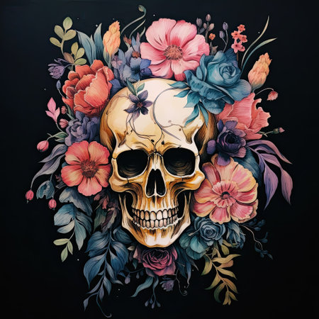watercolor skull with flowers on black background. design for tattoo t-shirt in boho styleの素材