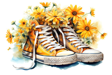 watercolor shoes with yellow daisies flowers on white background. design for logo or t shirt.の素材