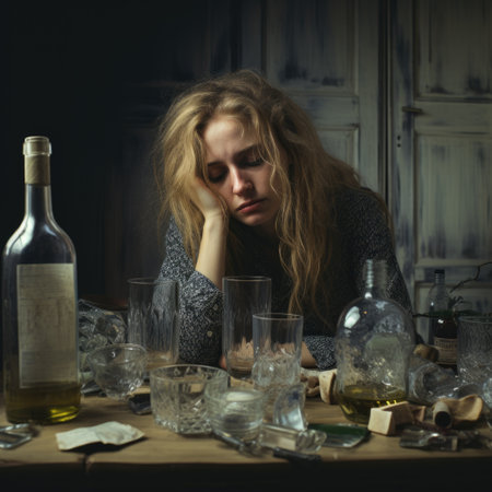 Sad and depressed woman with many bottles and glasses. Alcoholism conceptの素材